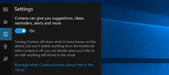 Opción del menú Inicio anterior para deshabilitar Cortana en Windows 10