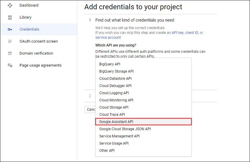Seleccione "API del Asistente de Google" en "¿Qué API está utilizando?"  Menú desplegable.