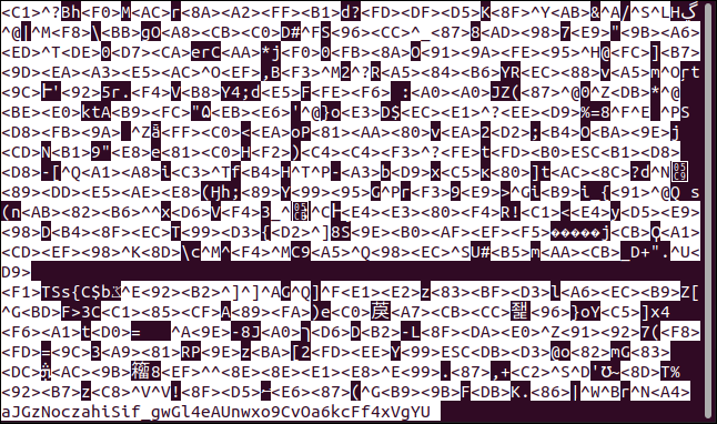 Contenido de un archivo de texto cifrado en menos en una ventana de terminal.