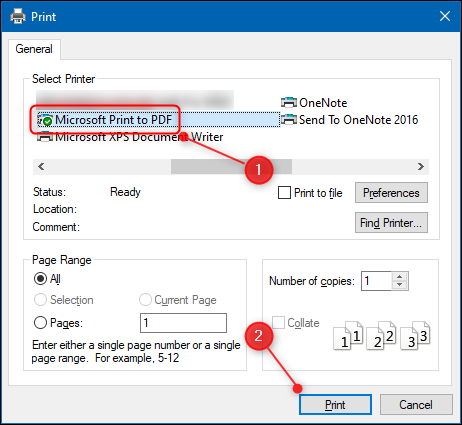 El cuadro de diálogo Impresora, con "Imprimir en PDF" resaltado.