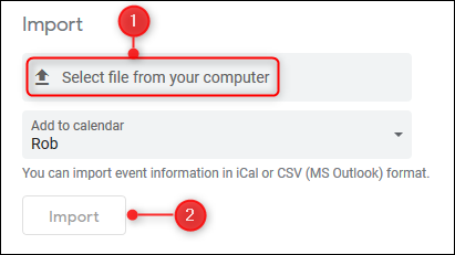 El selector de archivos y el botón Importar