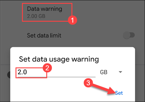 ingrese un número para la advertencia de uso de datos