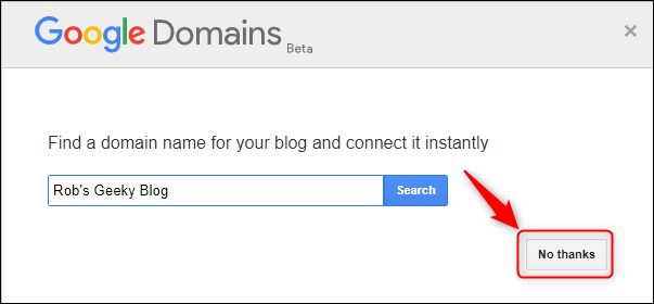 El panel de Google Domains, con "No, gracias" resaltado.