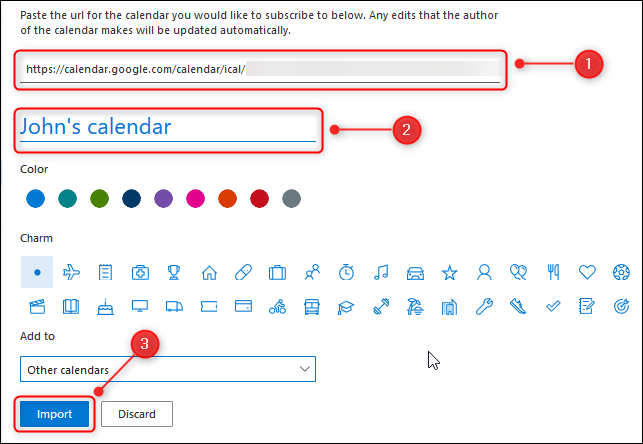 Panel "Agregar un calendario" de Outlook Online.