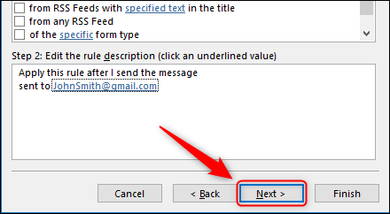 El botón "Siguiente" en el Asistente para reglas.