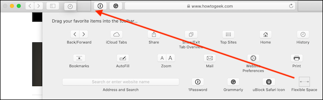 Agregue espacio flexible entre los botones en la barra de herramientas de Safari
