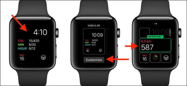 Tres relojes Apple con la complicación del podómetro ++ en la cara.