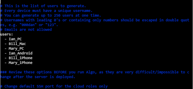 Un archivo de configuración de Algo en una ventana de terminal.