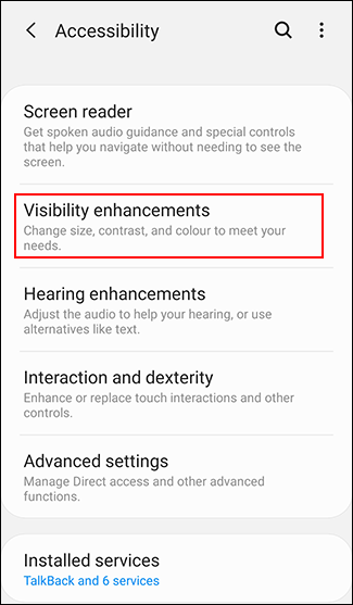 Toca Mejoras de visibilidad en el menú de accesibilidad de Android.