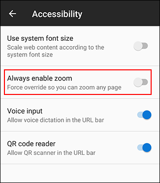 Toque siempre habilitar el zoom en Firefox en el menú de accesibilidad de Android