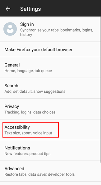 Toque Accesibilidad en el menú de configuración de Firefox en Android