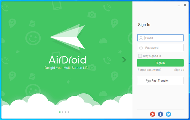 Pantalla de inicio de sesión de Airdroid para PC