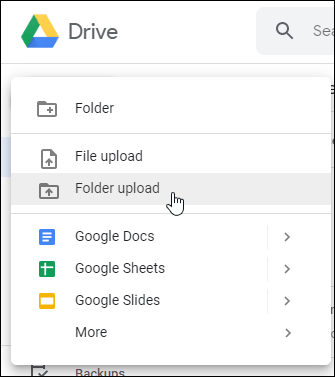 Opciones de carga de carpetas o archivos web de Google Drive