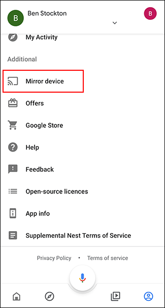 En la pestaña Cuentas de la aplicación Google Home, toque Dispositivo espejo