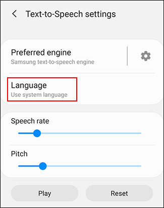 Toque Idioma en el menú de configuración de TTS