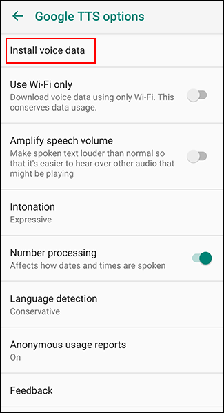 Toque Instalar datos de voz en el menú de opciones de Google TTS