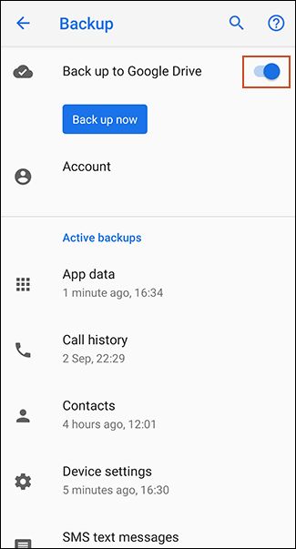Alternar Copia de seguridad en Google Drive