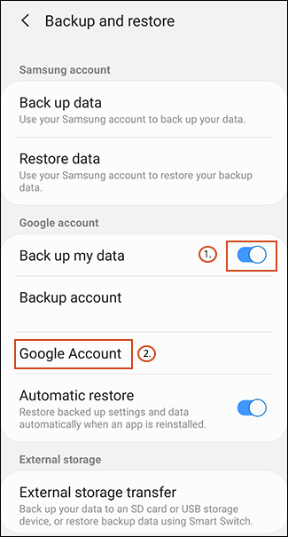 Alternar Copia de seguridad de mis datos, luego toque Cuenta de Google
