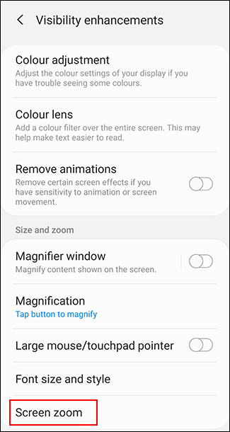 Toque Zoom de pantalla en el menú Mejoras de visibilidad de Android
