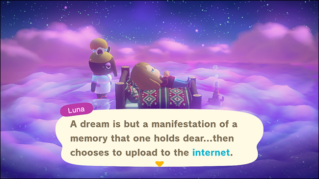 Luna aparece junto a un personaje dormido en "Animal Crossing: New Horizons".
