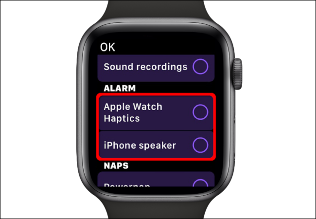 Selecciona la alarma "Apple Watch Haptics" o "iPhone Speaker".