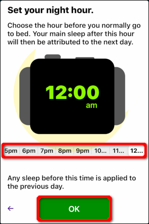 Configure su hora nocturna y luego toque "Aceptar".