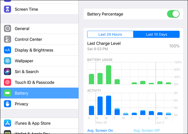 Pantalla de batería de iOS en Configuración