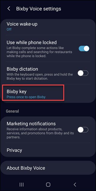 La configuración de Bixby con la opción de tecla Bixby se llama.