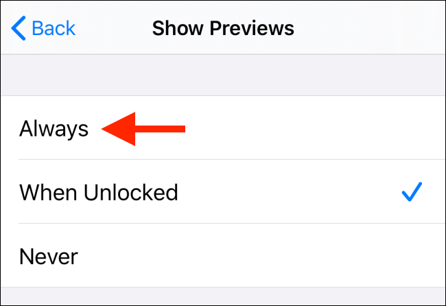 Elija siempre de la opción Mostrar vistas previas para notificaciones