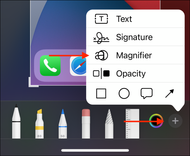 Elija la opción Lupa en la pantalla de edición de captura de pantalla