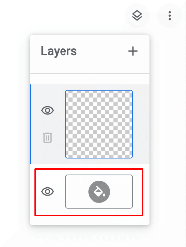 Para cambiar el color del lienzo en Google Chrome Canvas, haga clic en el menú de capas en la parte superior derecha, luego haga clic en el icono del cubo de pintura