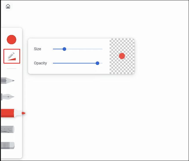 Haga clic en el icono debajo del icono circular en el menú de herramientas de dibujo en Google Chrome Canvas para cambiar el tamaño y la opacidad de la herramienta