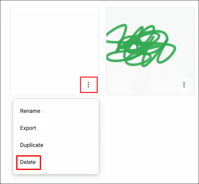 Para eliminar un dibujo de Google Chrome Canvas, haga clic en el icono del botón de hamburguesa en la miniatura del dibujo en la pantalla de selección, luego haga clic en Eliminar