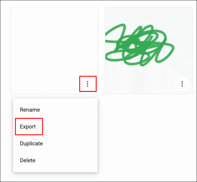 Para exportar su dibujo de Google Chrome Canvas fuera de la pantalla de edición, haga clic en el ícono de hamburguesa para el dibujo, luego haga clic en Exportar