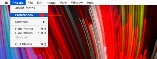 Haga clic en Preferencias de la aplicación Fotos en la barra de menú