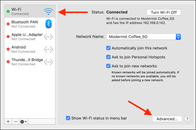 Haga clic en el botón Avanzado en el menú Wi-Fi