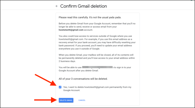 Haga clic en el cuadro para confirmar y luego haga clic en "Eliminar Gmail".
