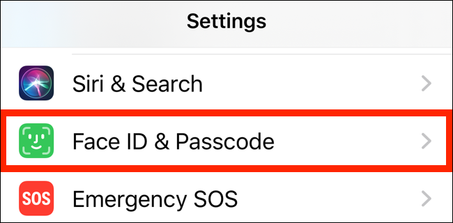 Haga clic en la sección Face ID y Passcode de Configuración