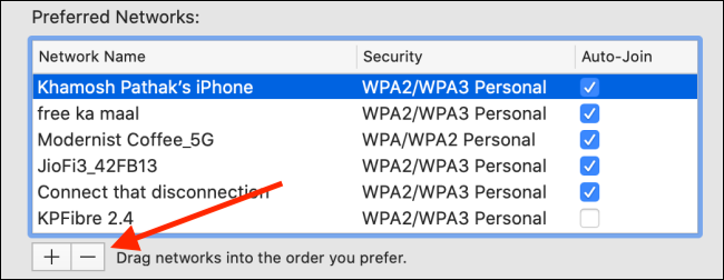 Haga clic en el botón Menos para eliminar una red de la lista de preferencias