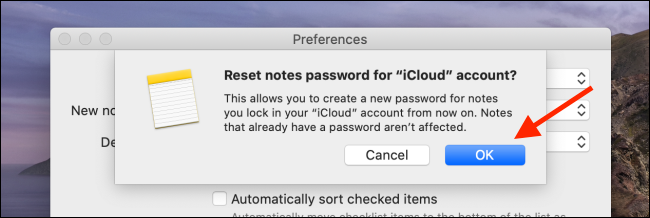 Haga clic en Aceptar en la opción Restablecer contraseña en Mac