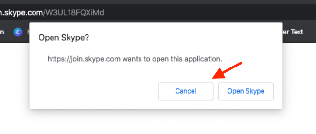 Haga clic en cancelar desde la ventana emergente de Skype