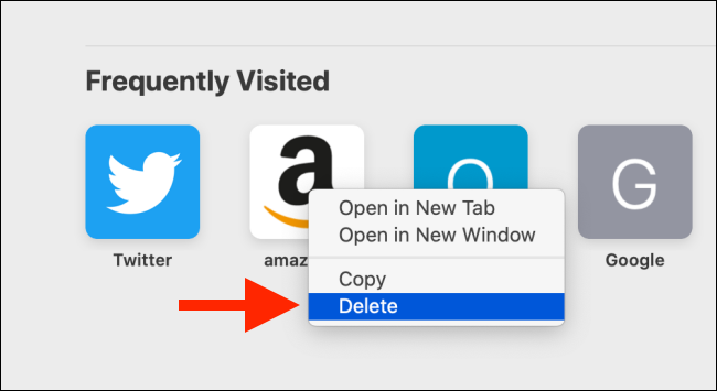 Haga clic en eliminar para eliminar un sitio web visitado con frecuencia