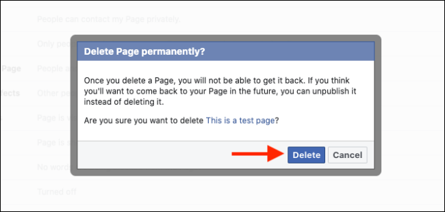 Haga clic en el botón Eliminar para eliminar su página de Facebook