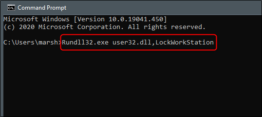 El comando "Rundll32.exe user32.dll, LockWorkStation" en una ventana de "Símbolo del sistema".