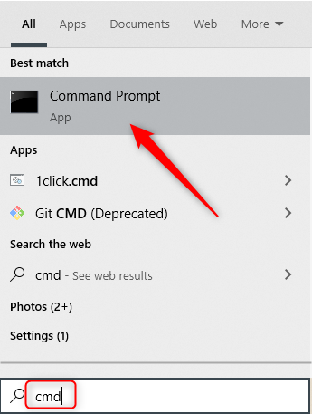 Escribe "CMD" en el cuadro de búsqueda de Windows y luego haz clic en "Símbolo del sistema" en los resultados.