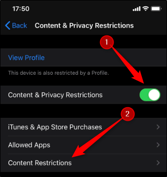 Activa "Restricciones de contenido y privacidad" y luego toca "Restricciones de contenido".