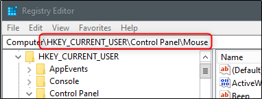 la carpeta del mouse del panel de control en regedit