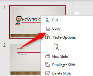 Opción de copiar en el menú de PowerPoint