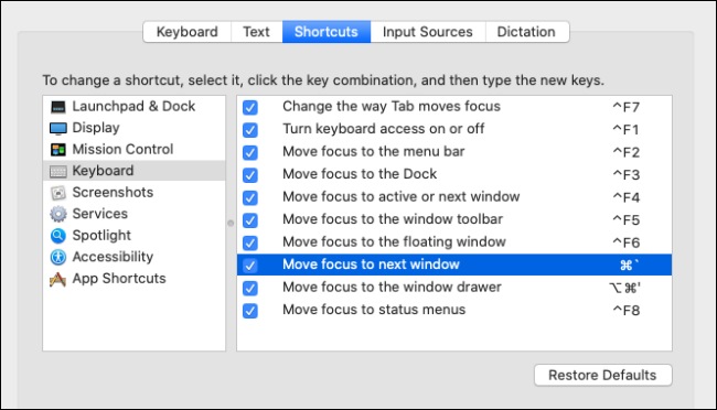 Definición de atajos de teclado para cambiar entre aplicaciones abiertas y ventanas en mac