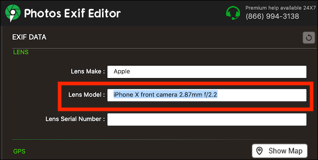 Elimine el texto en el campo Modelo de lente para eliminar los datos de la cámara selfie
